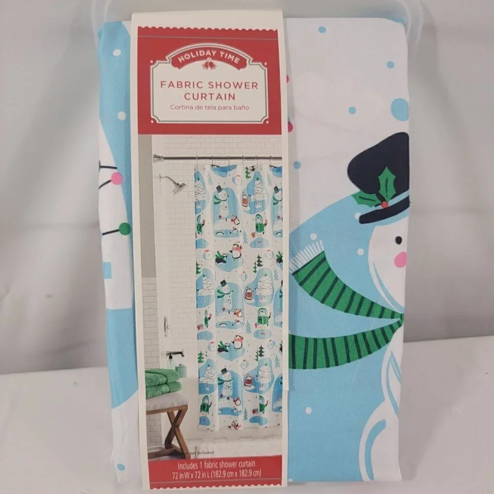 Snowman Blue Printed Christmas Fabric Shower Curtain - Size 72”x72”